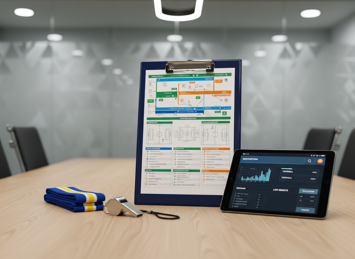 A close-up, photographic realistic shot of a glossy, dark navy clipboard holding a detailed sports event plan, with color-coded timelines, field layouts, and service checklists for a multi-sport tournament. Next to it lies a high-end metallic whistle, a stack of neatly arranged entry wristbands in brand colors, and a tablet displaying a sleek dashboard for registrations and live results. Everything rests on a smooth wooden conference table inside a modern meeting room, with frosted glass walls featuring subtle geometric patterns. Neutral, soft overhead lighting creates clean highlights and gentle shadows. Shot from a slightly elevated angle with shallow depth of field, the focus is on the planning documents, evoking precision, professionalism and strategic organization in sports event management.