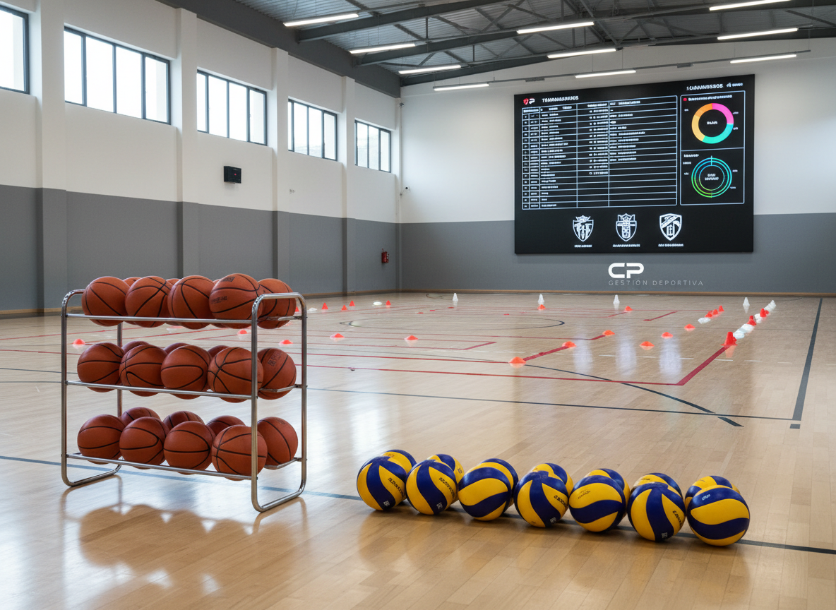 Inside a bright, contemporary multipurpose sports hall, a collection of sports equipment is perfectly arranged: pristine basketballs stacked on a chrome rack, vivid volleyballs aligned in a row, and cones forming clean geometric patterns on the polished wooden floor. Along one wall, a large, wall-mounted digital display shows a structured training schedule, load management charts, and team logos, all branded subtly with CP Gestión Deportiva. Natural daylight streams through high windows, enhanced by discreet ceiling LEDs, creating a balanced, clear illumination with soft reflections on the floor. Captured from a wide-angle, low perspective, the composition emphasizes order, preparation, and high-quality facilities, embodying a professional, meticulous approach to managing sports services and training environments.