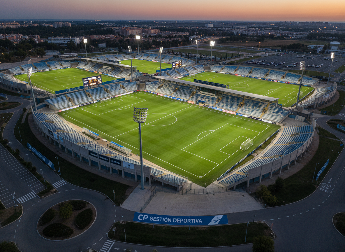 An aerial view of a meticulously organized football pitch complex at dusk, with multiple emerald-green fields outlined by crisp white lines and surrounded by symmetrical stands and pathways. Large digital scoreboards glow with upcoming tournament schedules and sponsor logos, illustrating structured event planning. Warm stadium lights cast a golden, even illumination, creating long, soft shadows and subtle texture on the grass. The surrounding area includes parking zones, clearly marked access routes, and branded banners for CP Gestión Deportiva. Photographic realism with wide-angle lens perspective showcases the entire complex, delivering a professional, controlled, and high-level sports management atmosphere, highlighting infrastructure, logistics, and identity without any human presence.